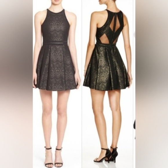 PARKER Black & Gold Geometrical Textured Print In Gold Black Flare Dress Size M - Picture 15 of 16